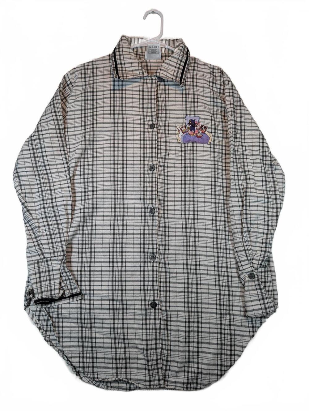Walt Disney World Mickey Friends Plaid Flannel Cotton Pajama Shirt Womens Medium